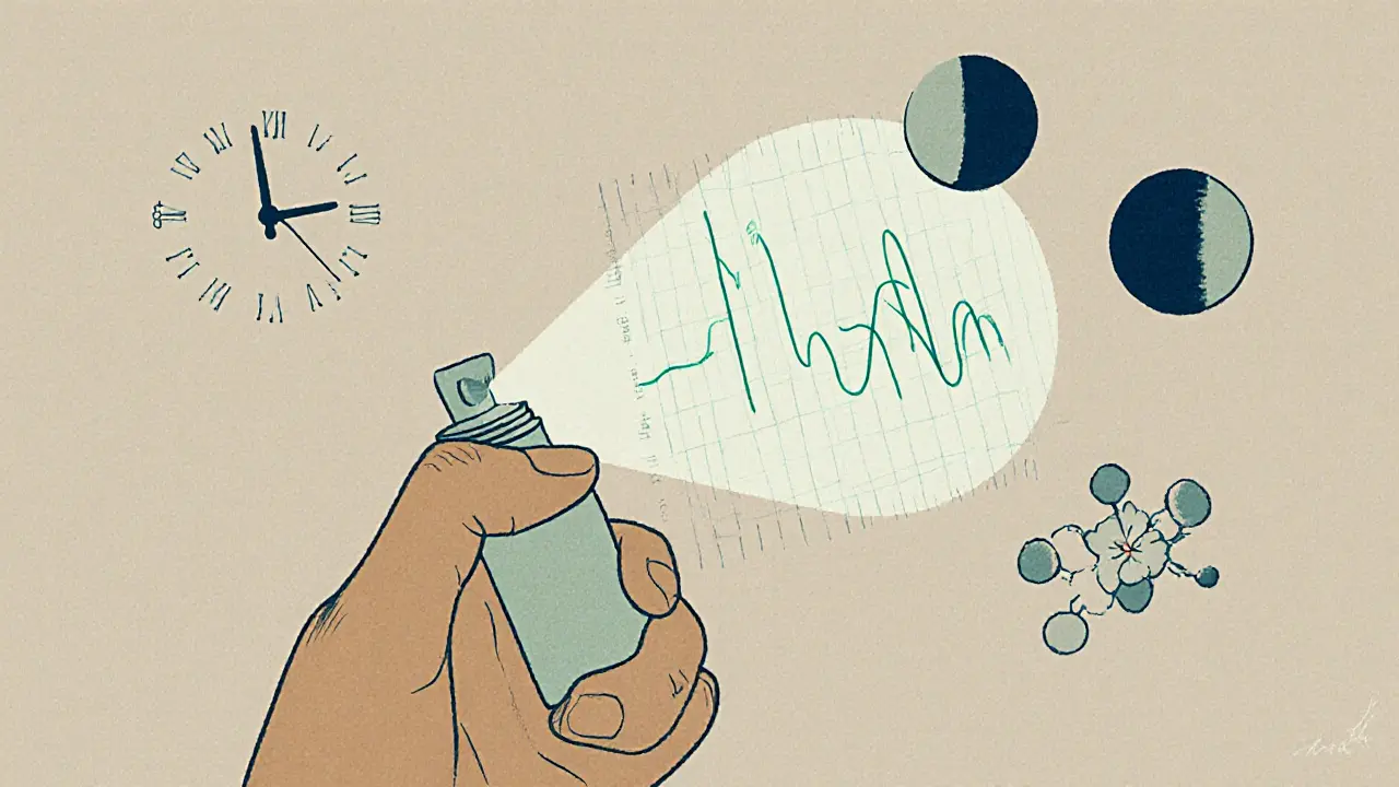 Рука наносит спрей в нос, над головой — ЭЭГ-график роста активности обонятельной коры во время паузы.