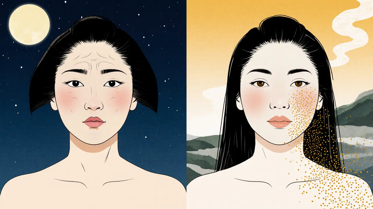 Сравнение до и после: старая кожа с морщинами и свежая, сияющая кожа, восстановленная тонкими золотыми линиями.