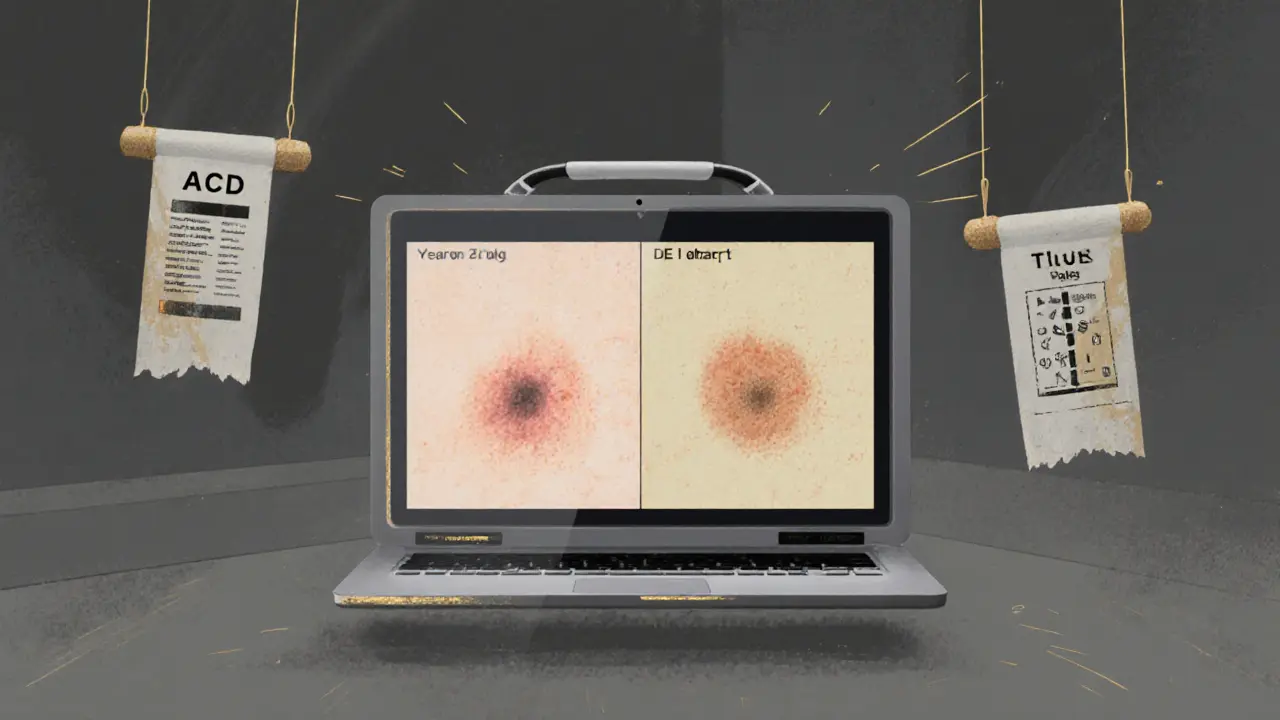 Сравнение изображений родинки за год: изменения цвета и контура подчеркнуты.