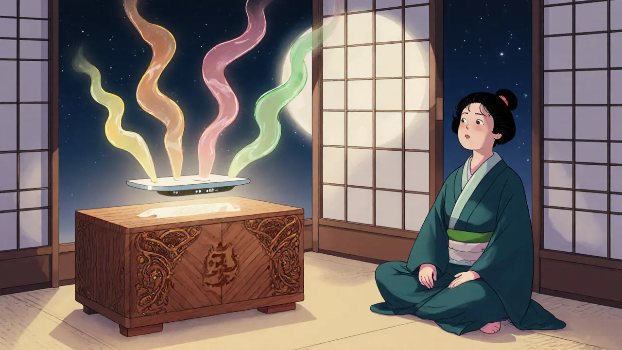 Устройство Нос-45 выпускает четыре аромата в виде чернильных лент, человек в медитации, цифровая шкала 45 баллов над ним.