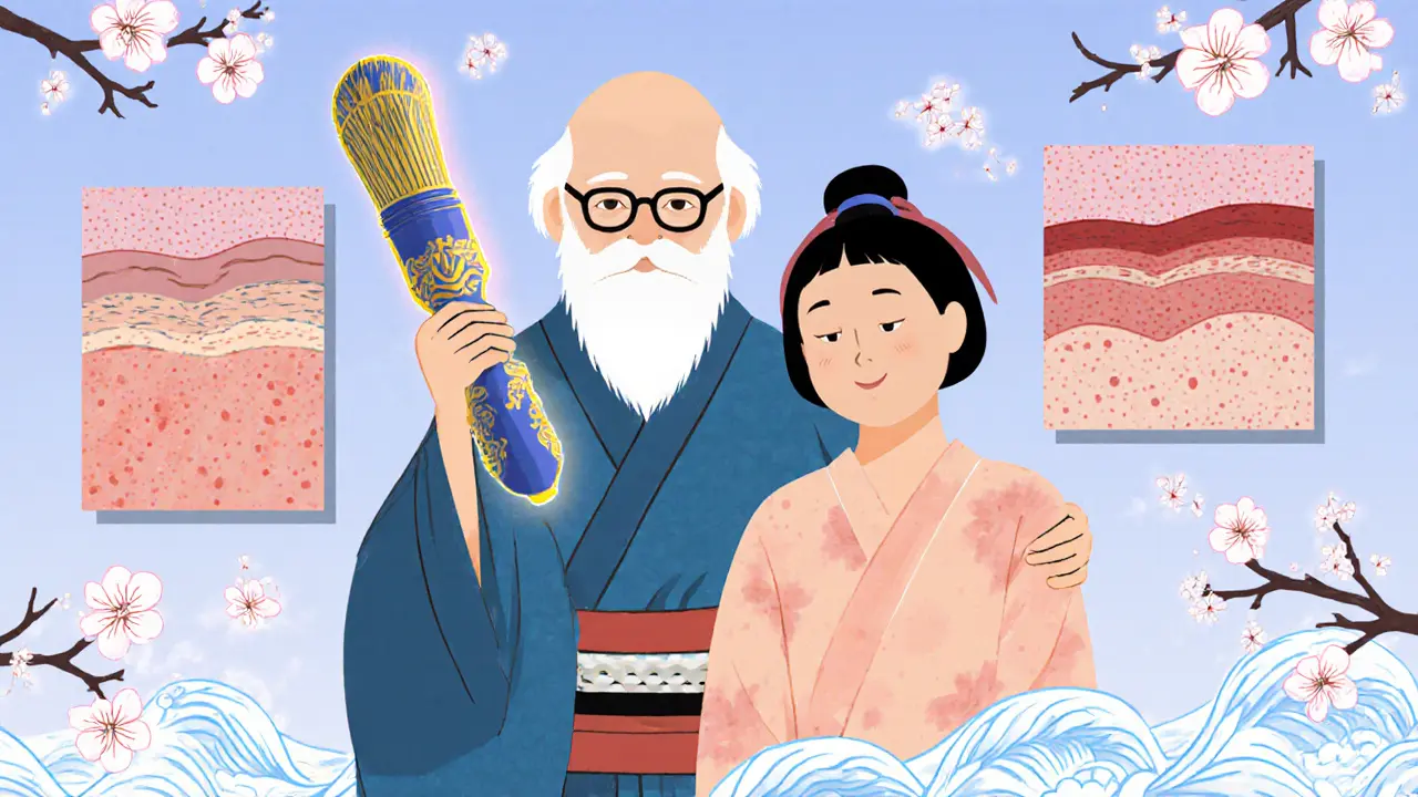 Врач с лазерной кистью и пациентка, вокруг — изображения слоёв кожи и цветущих ветвей, символизирующие науку и традицию.