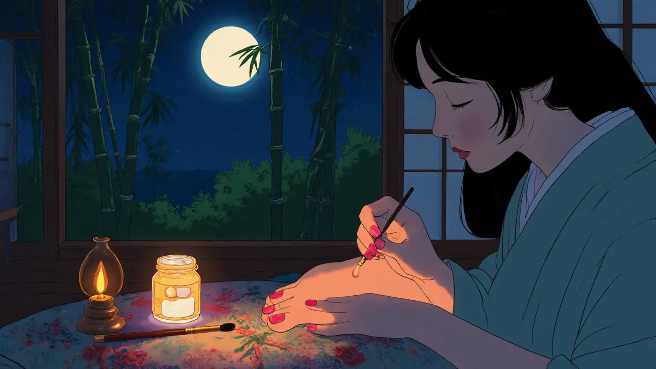 Женщина наносит лак на ногти при свете лампы, рядом крем и масло.