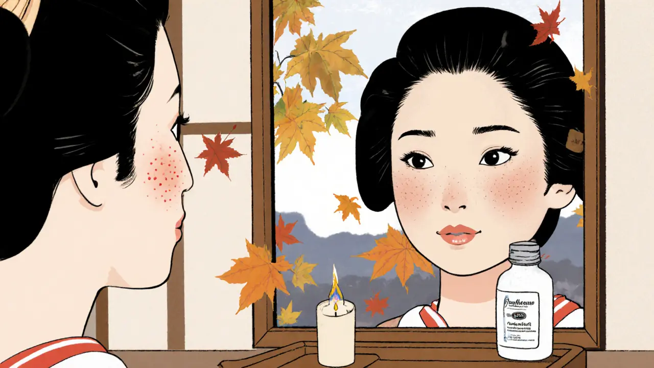 Женщина сияющей кожей смотрит в зеркало, на фоне осенних листьев и уходящими синяками.