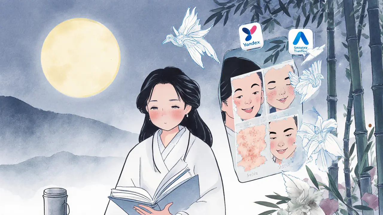 Женщина ведёт дневник ухода, её отражение в зеркале показывает переход кожи, рядом парят цифровые символы адаптивного ухода.