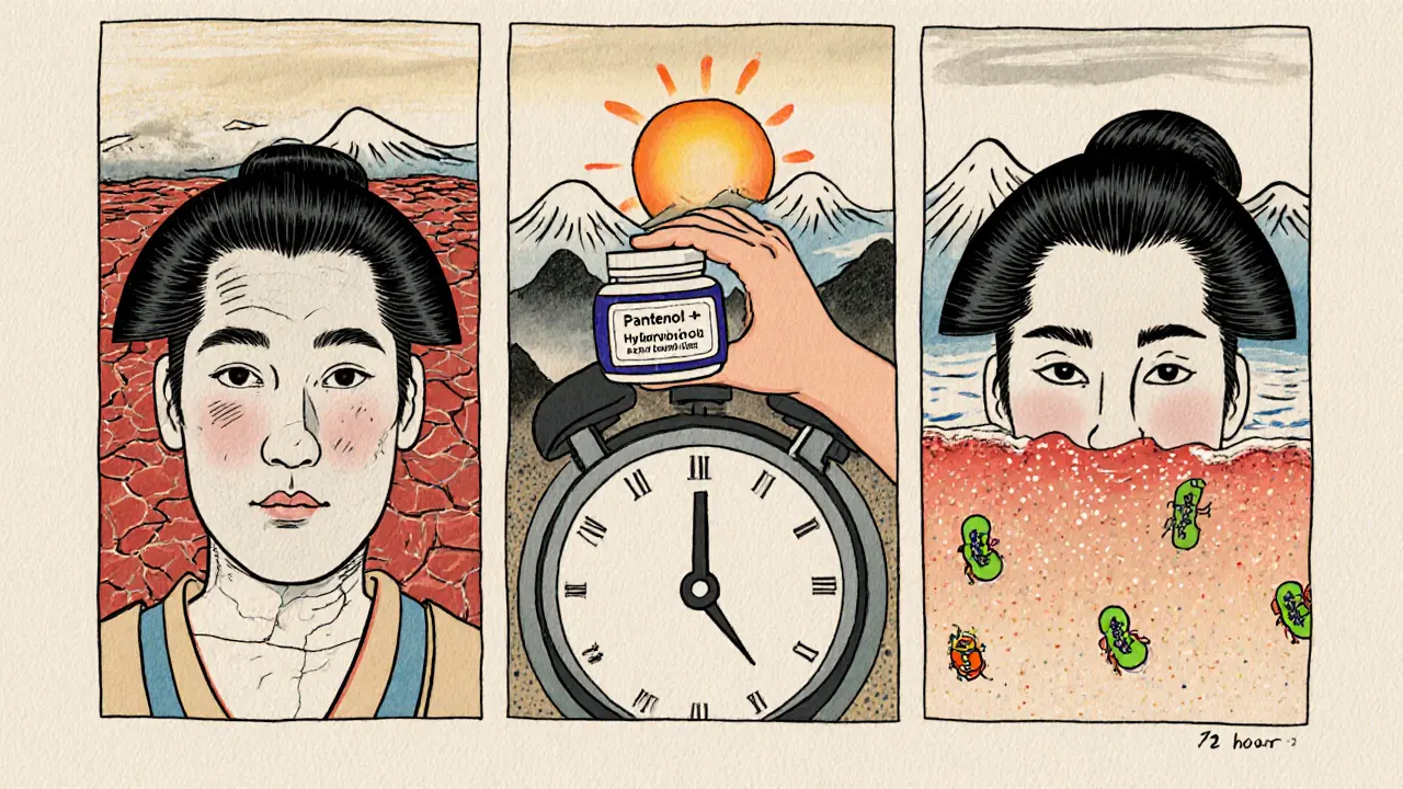 Три панели: кожа восстанавливается от повреждений к сиянию, рядом — пробиотики и крем с пантенолом.