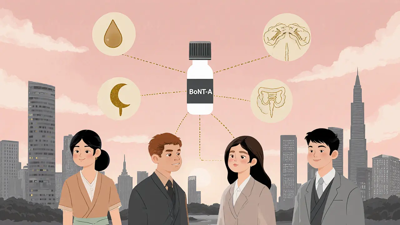 Люди в городе с разглаженными морщинами, над ними символы применения ботокса: пот, мигрень, мочевой пузырь.