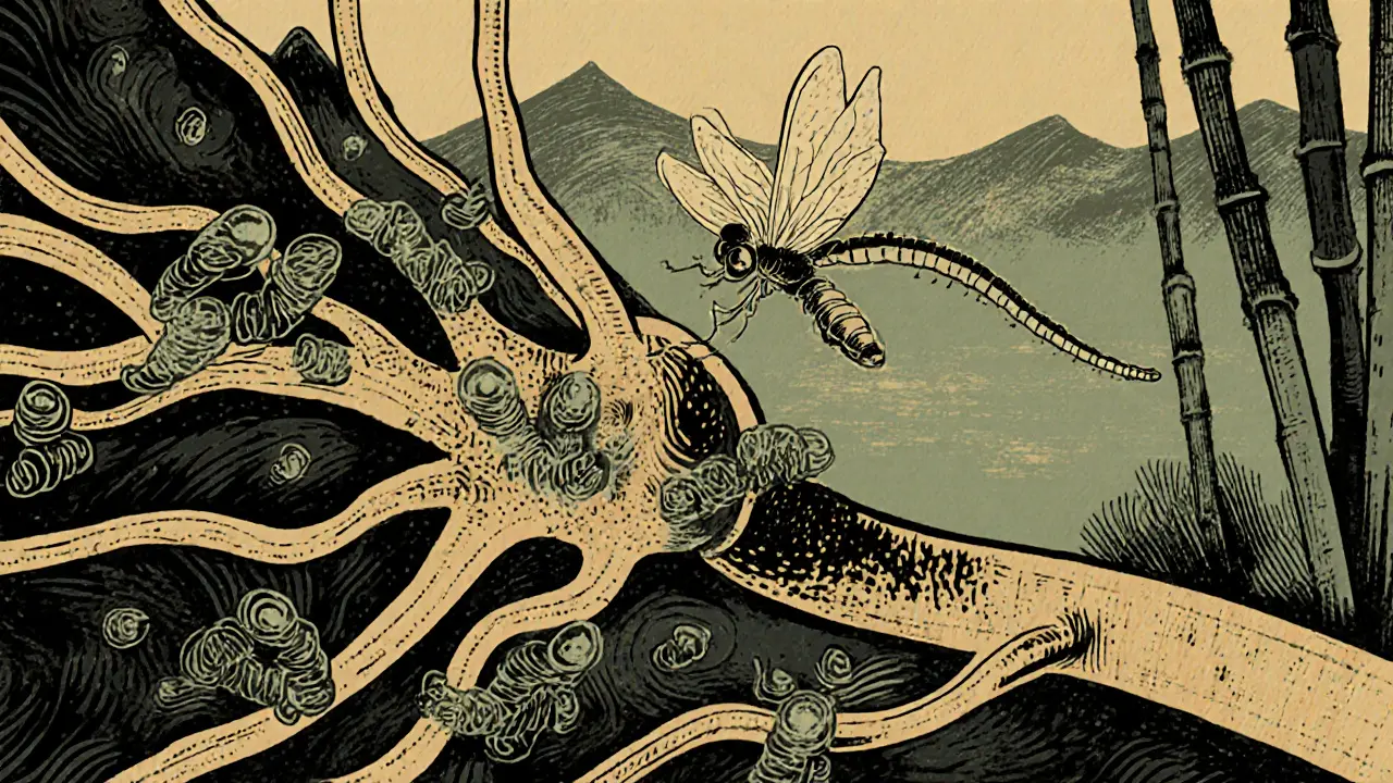 Увеличенный нервный синапс: токсин ботулина разрушает белок, ацетилхолиновые пузырьки замерли, в стиле укиё-э.