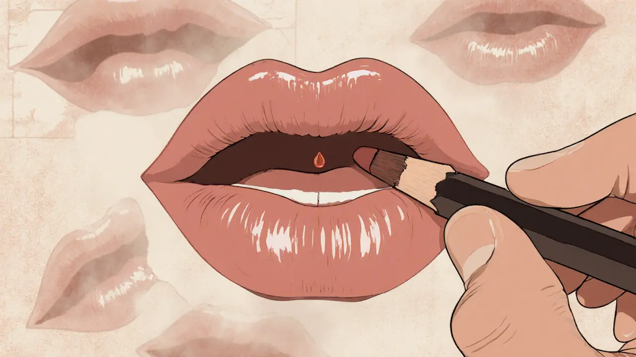 Ближний план губ, обведённых карандашом от центра, с каплей блеска только посередине.