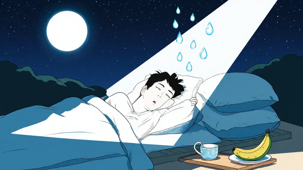 Человек спит с приподнятой головой, рядом банан и авокадо, капли воды поднимаются к потолку.