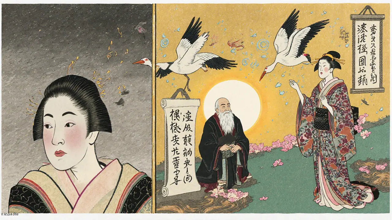 Диptyх: до и после микронидлинга — тусклая кожа слева, сияющая справа, журавли несут символы обновления.