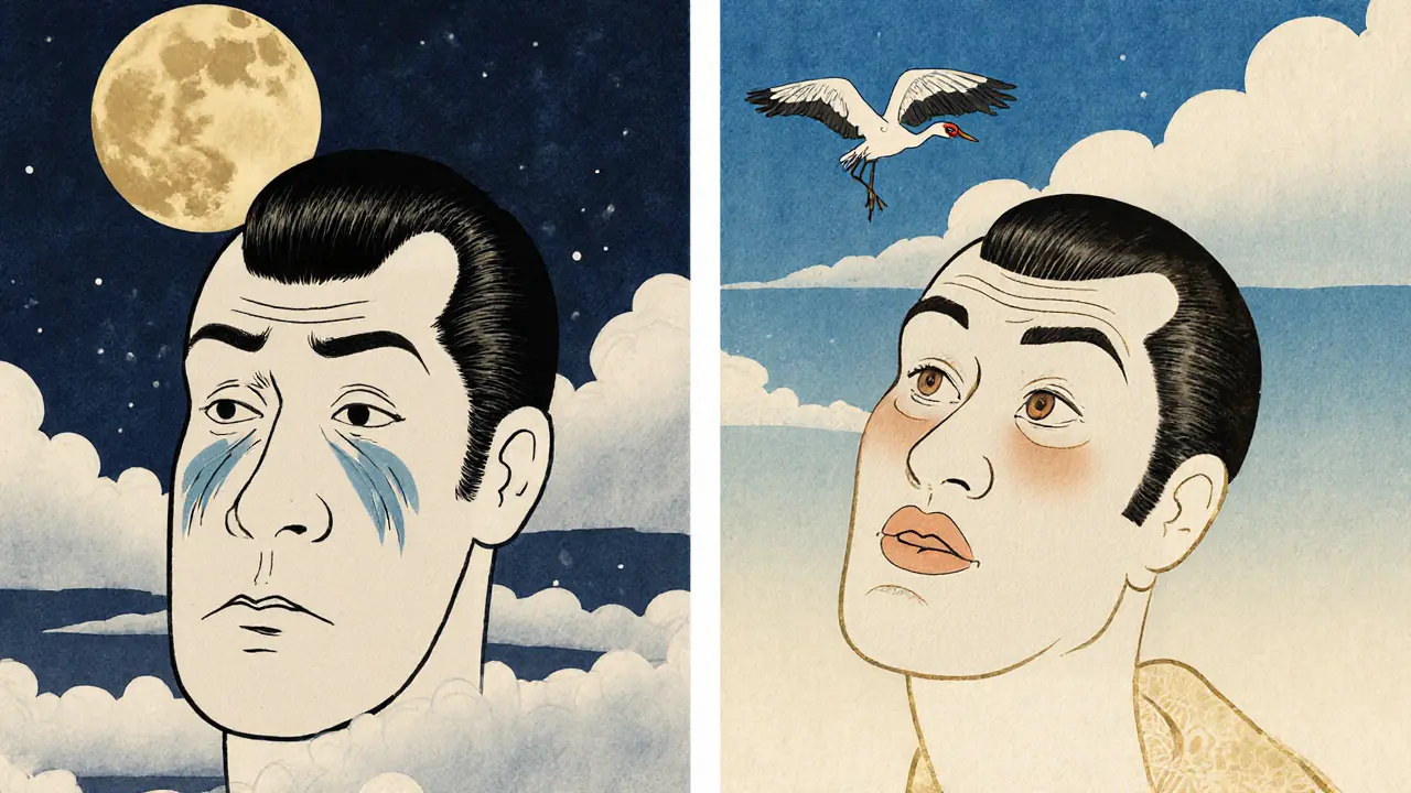 До и после: усталое лицо превращается в свежее, над головой — журавль, символ обновления.