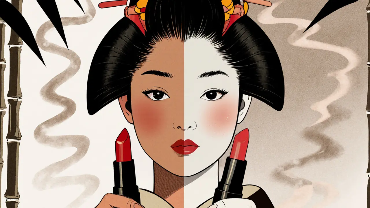 Две отражённые версии женщины: одна с идеальным цветом губ, другая — с несоответствующим оттенком.