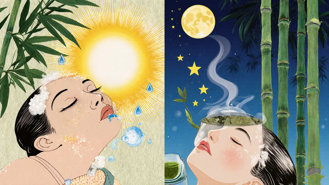 Двойная сцена: утро с SPF и вечер с ретинолом, фон — бамбуковый лес и луна.