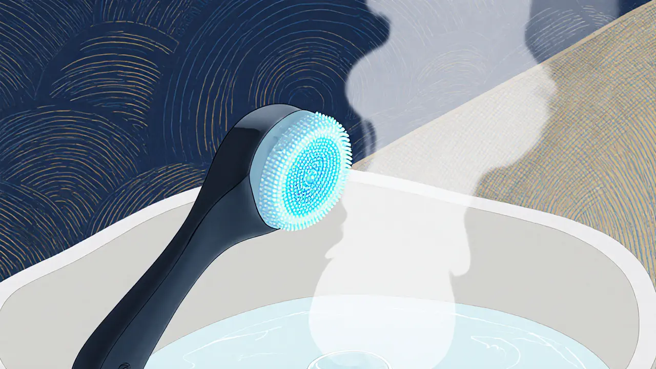 Электрическая щетка с силиконовыми ворсинками вибрирует над раковиной, в воздухе пар.