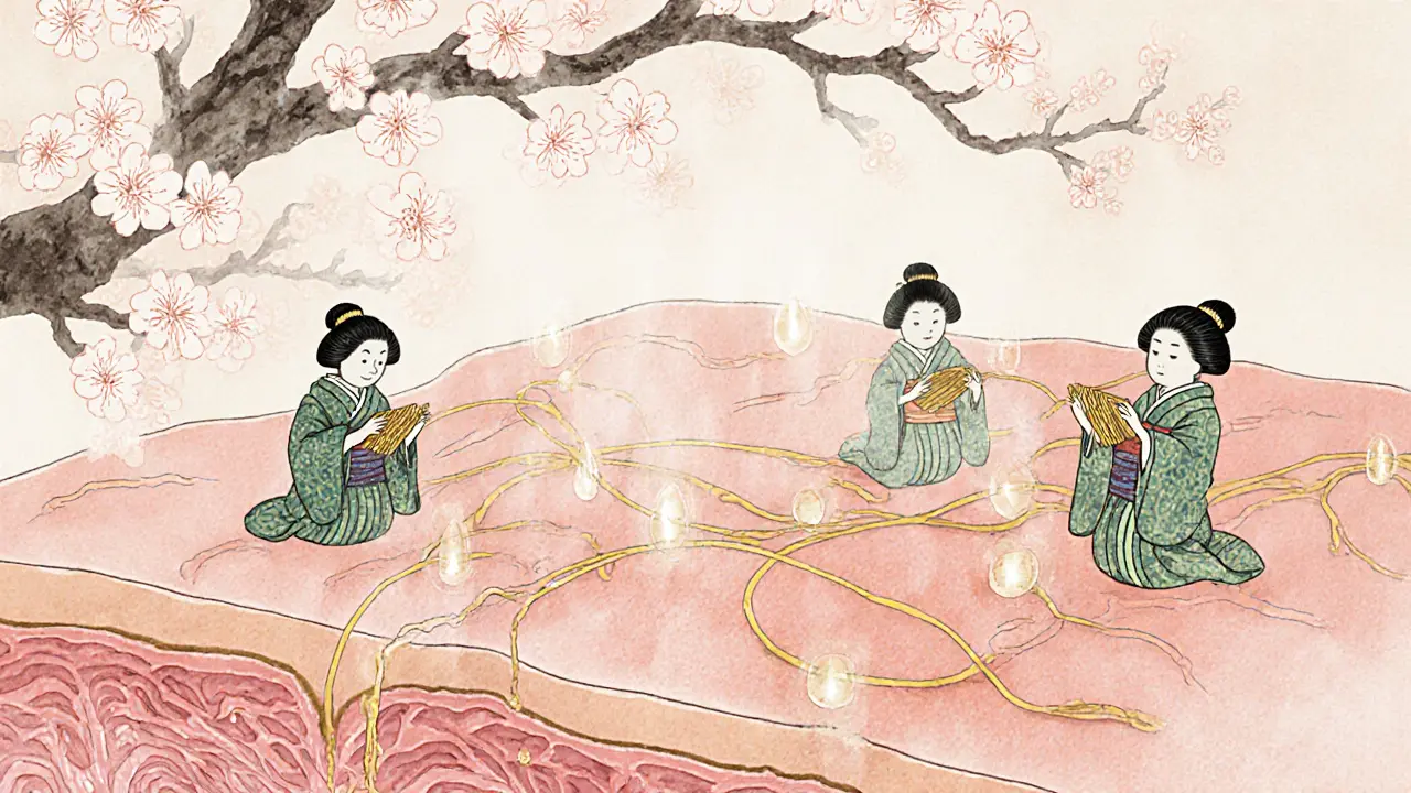 Клетки кожи в виде фигур в кимоно плетут коллагеновые нити, капли гиалуроновой кислоты падают как роса.