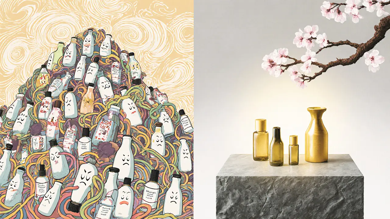 Контраст: громоздкий набор средств против трёх простых бутылочек в минималистичной композиции.