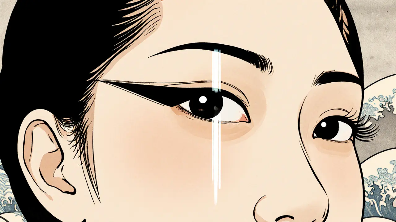 Крупный план глаза с поднятой стрелкой, мягкий матовый оттенок, без блесток, волны на заднем плане.