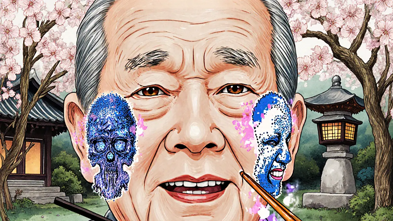 Лицо в стиле укиё-э с филлером, рассасывающимся в виде цветов: губы — вишнёвые лепестки, скулы — каменные формы.