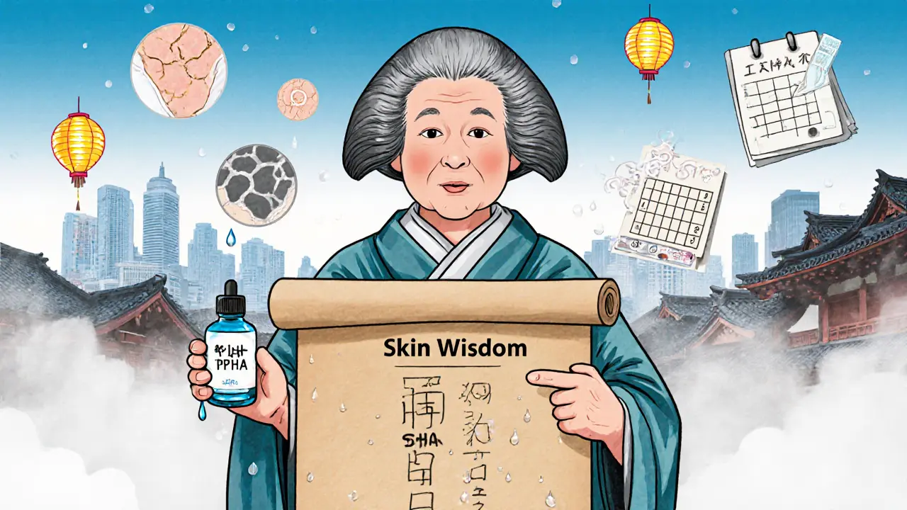 Мудрая женщина объясняет правильное использование кислот с помощью свитка и календаря в укиё-э стиле.