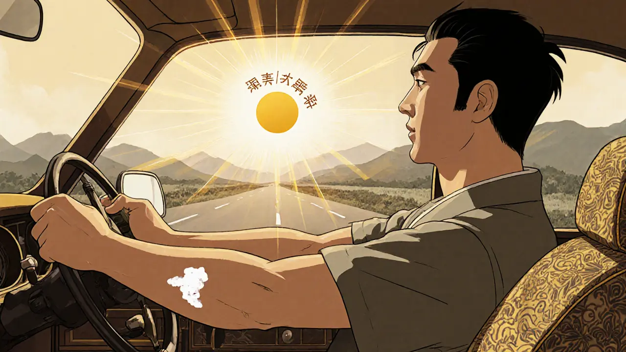 Мужчина за рулем, солнце освещает его руки и плечи, на коже виден след SPF.