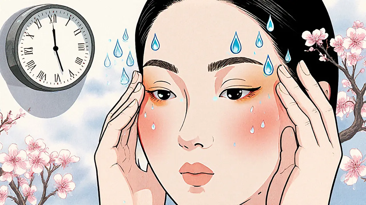 Рука массирует область глаз, водяные капли текут как тушь, на фоне цветущих сакур.