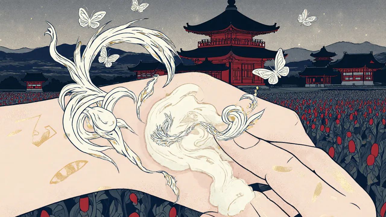 Рука наносит крем, из которого поднимаются молекулы изофлавонов, как бабочки.