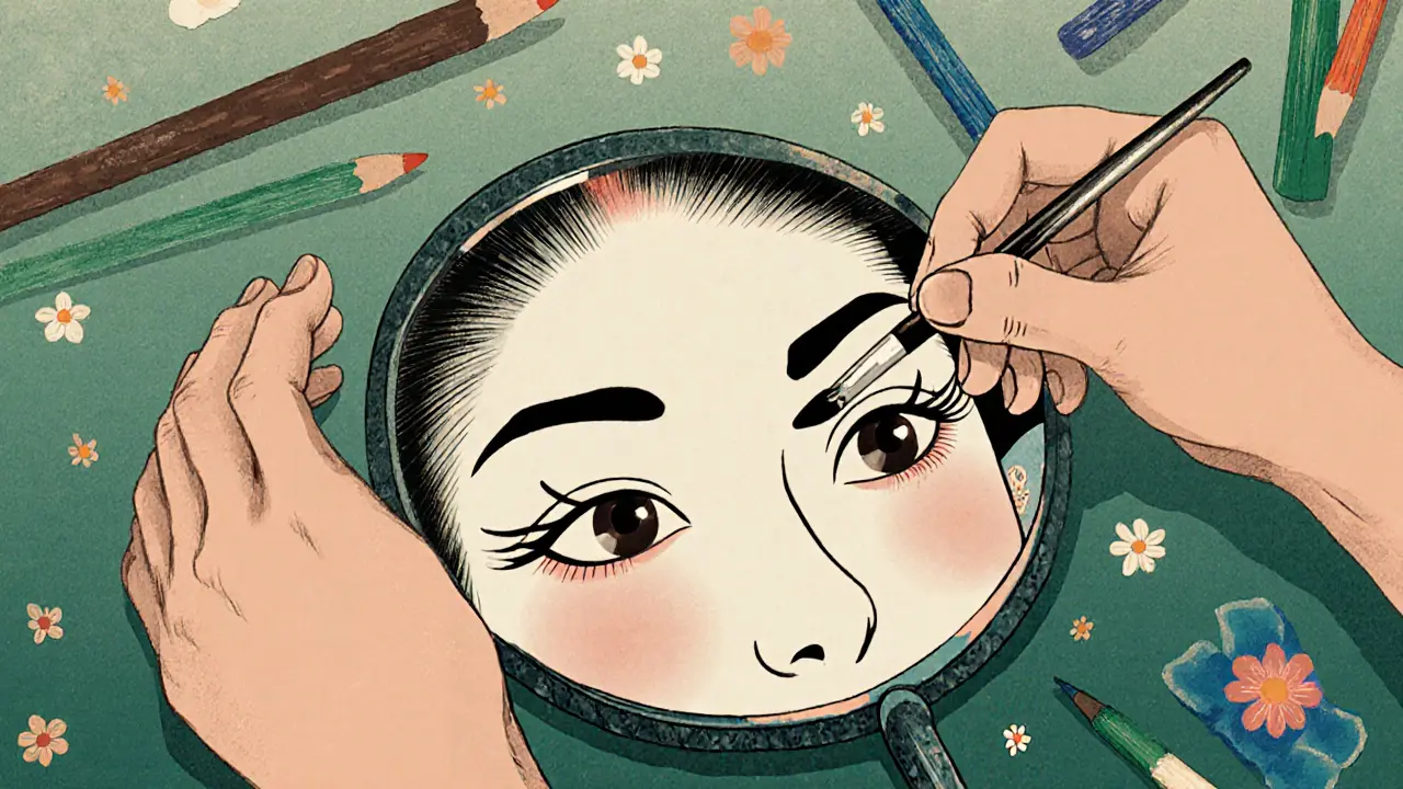 Руки рисуют стрелки на глазах, рядом инструменты и цветные карандаши в японском стиле.