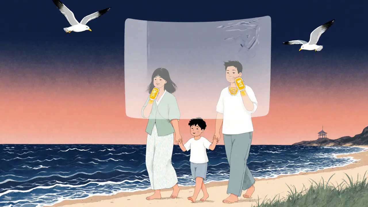 Семья гуляет у моря, над ними — невидимый щит защиты от ультрафиолета.