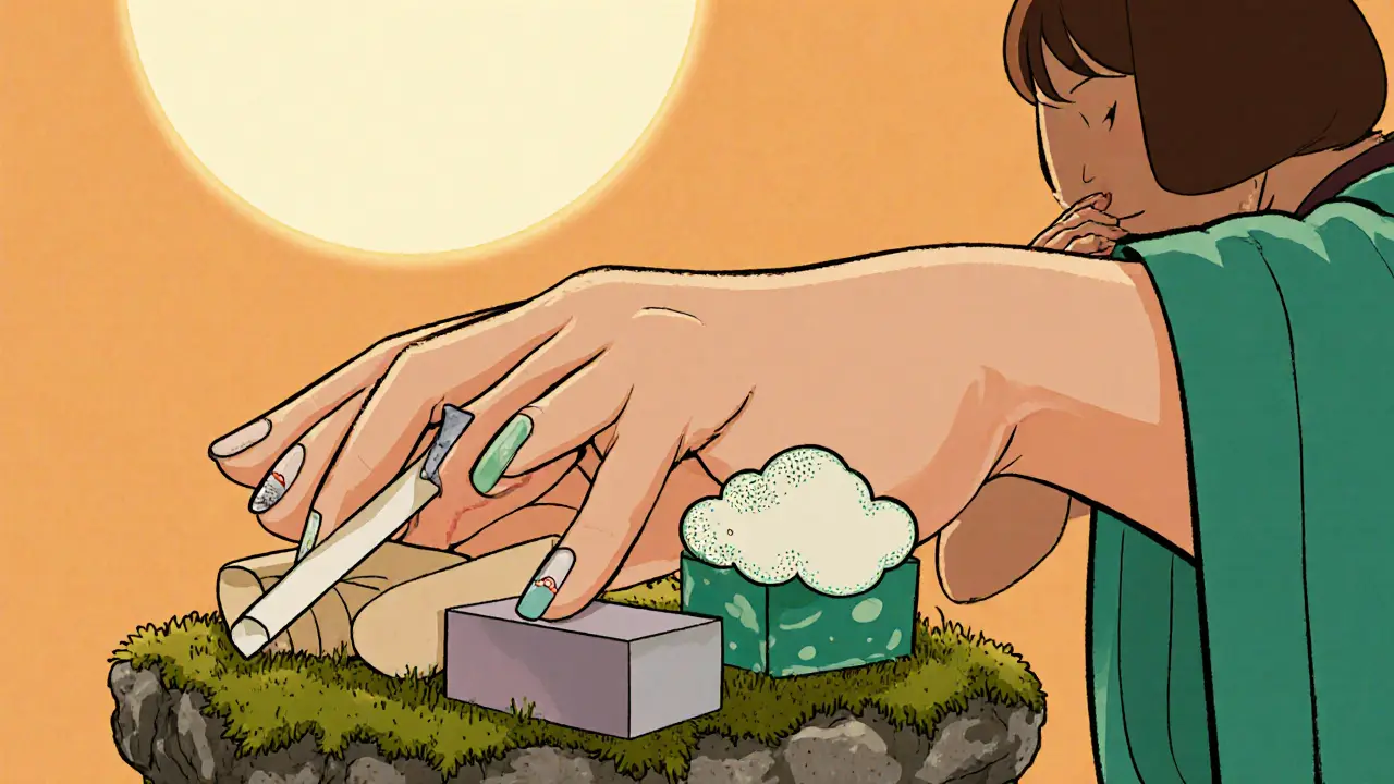 Три средства для укрепления ногтей на каменном алтаре под восходящим солнцем, в стиле укиё-э.