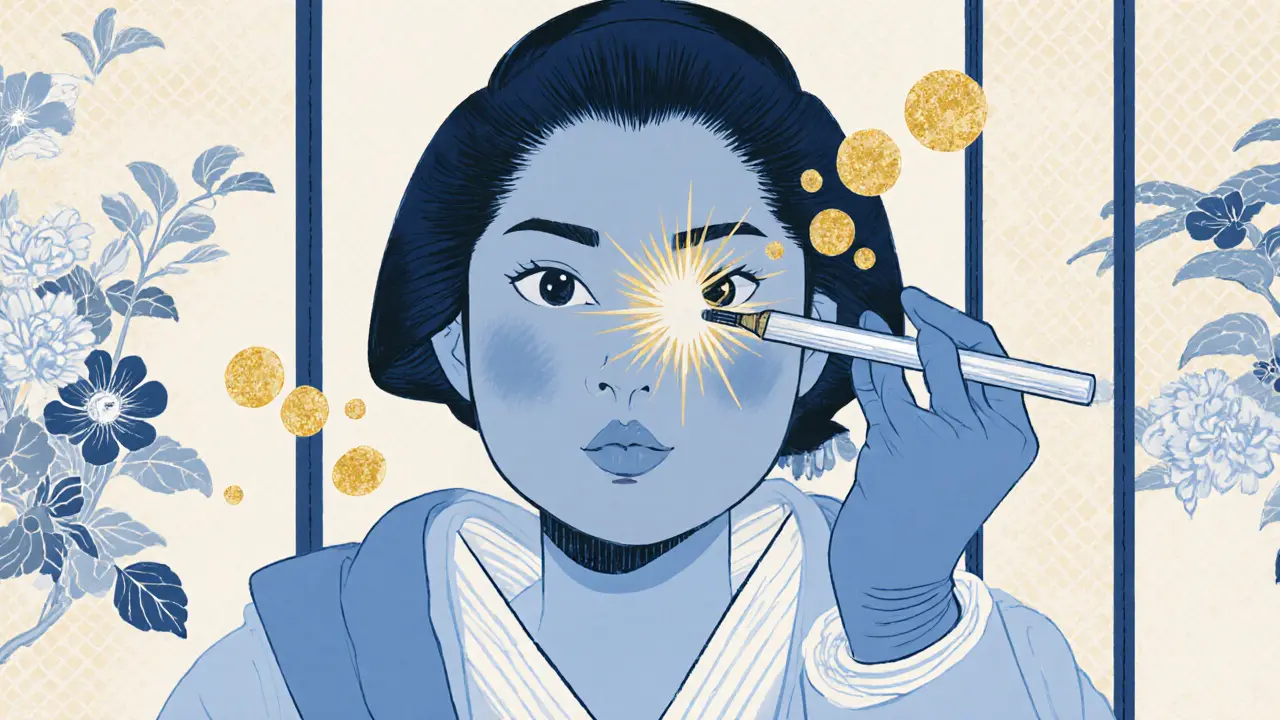 Врач аккуратно вводит филлер в область носослезной борозды, вокруг — светящиеся частицы.