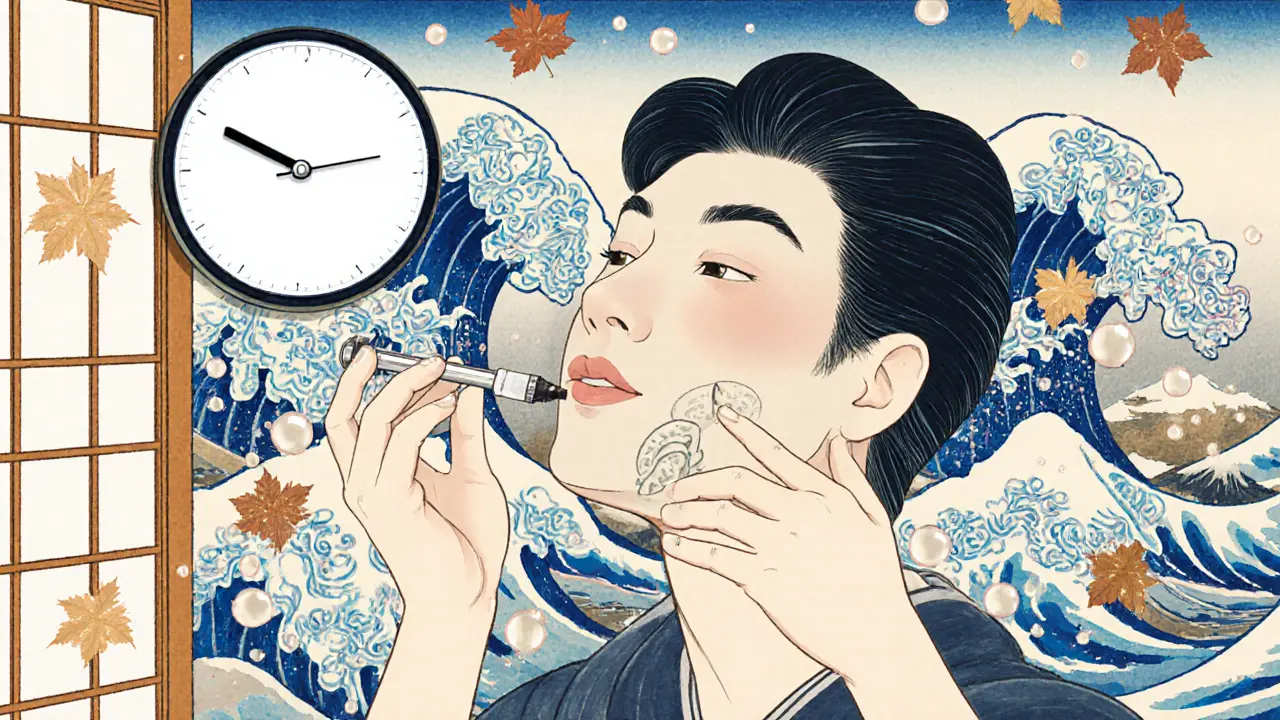 Врач вводит филлер в подбородок и скулы, в то время как в губах и вокруг глаз частицы исчезают, как листья на ветру.