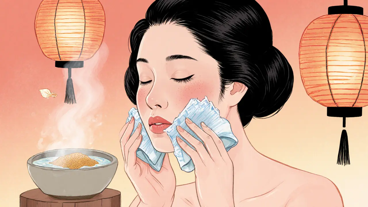 Женщина делает контрастный массаж губ с помощью ткани и льда, мягкий свет и цветы вокруг.