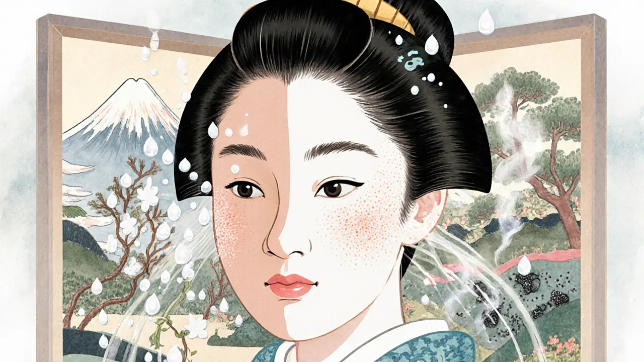 Женщина с двумя типами кожи: одна сторона увлажняется молочными каплями, другая очищается потоками BHA.