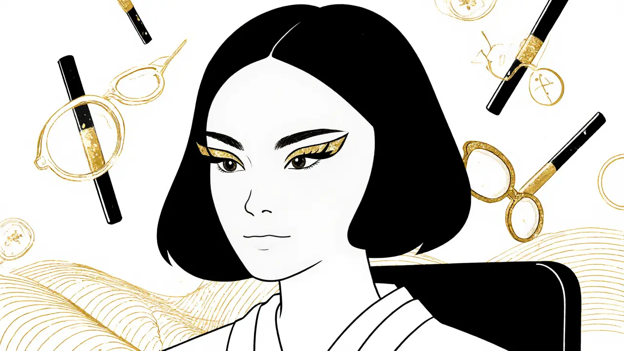 Женщина в офисе с геометрической стрелкой и мерцающими акцентами, фон с трендами 2025 года.