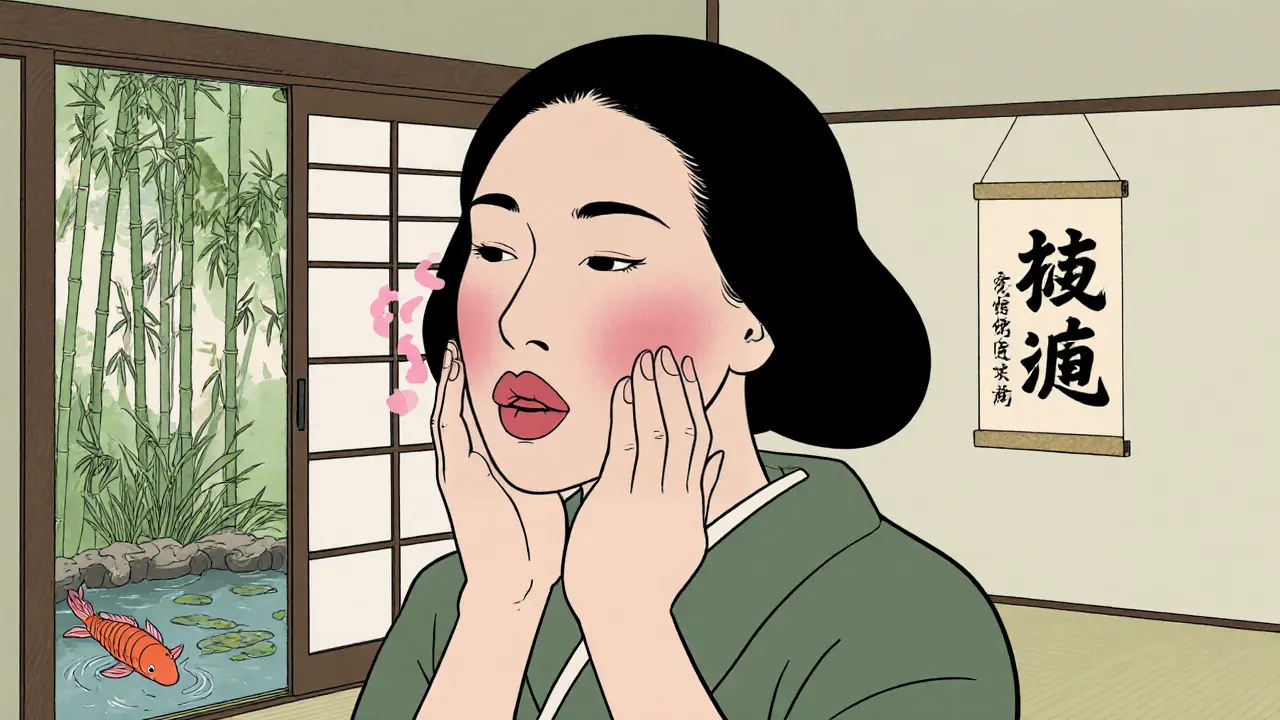 Женщина выполняет упражнение для губ в традиционной японской обстановке, с акцентом на регулярность.