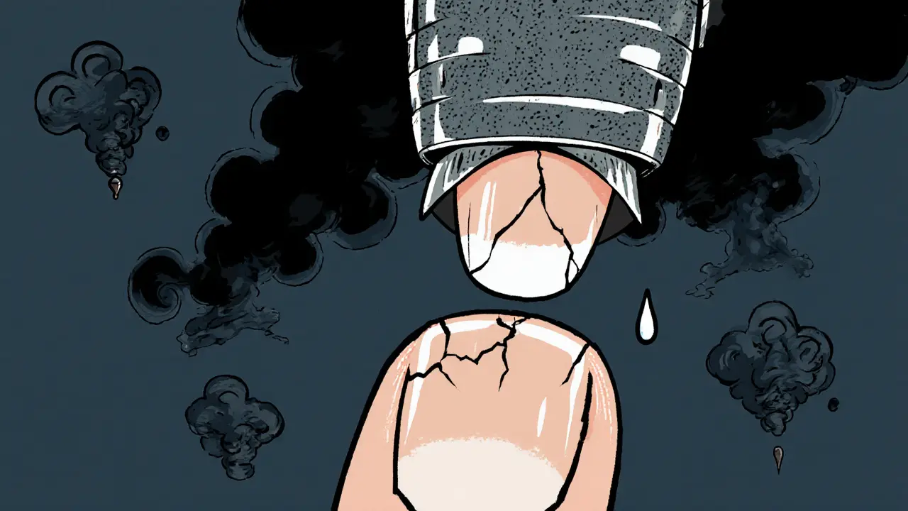 Жесткий акриловый ноготь над треснувшим натуральным, с токсичными облаками в виде чернильных вихрей.