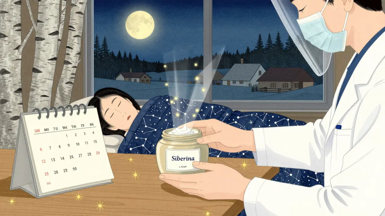 Дерматолог кладёт маску на стол, женщина спит под одеялом, за окном — луна и защитный экран SPF.