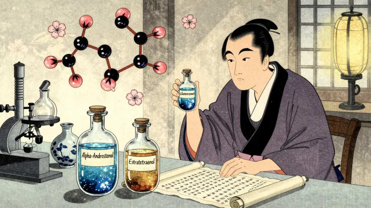 Древние учёные в кимоно исследуют флаконы с молекулами феромонов, оформленные как цветы сакуры, в стиле укиё-э.