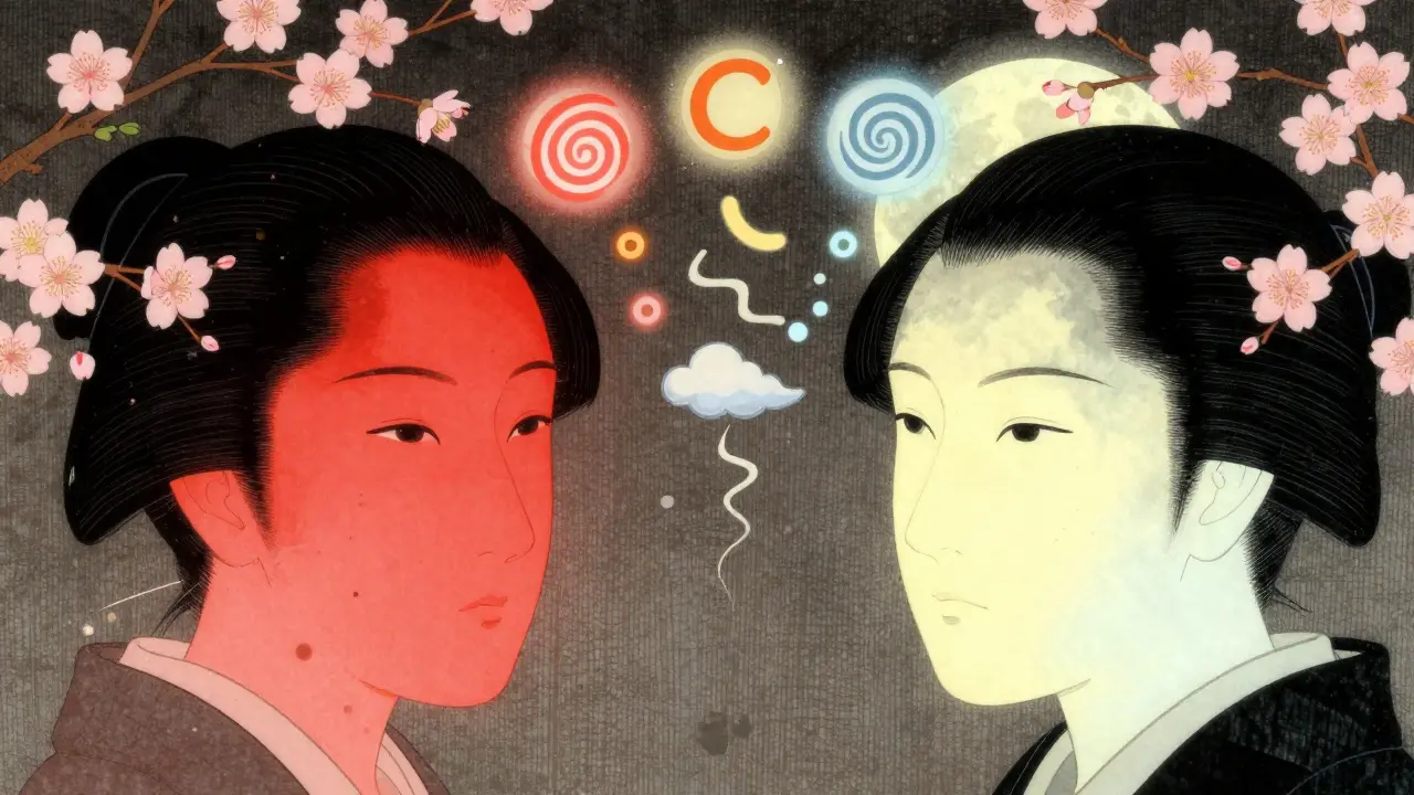 Два лица: одно с пигментацией под солнцем, другое — с равномерной кожей под луной, вокруг — символы активных ингредиентов.