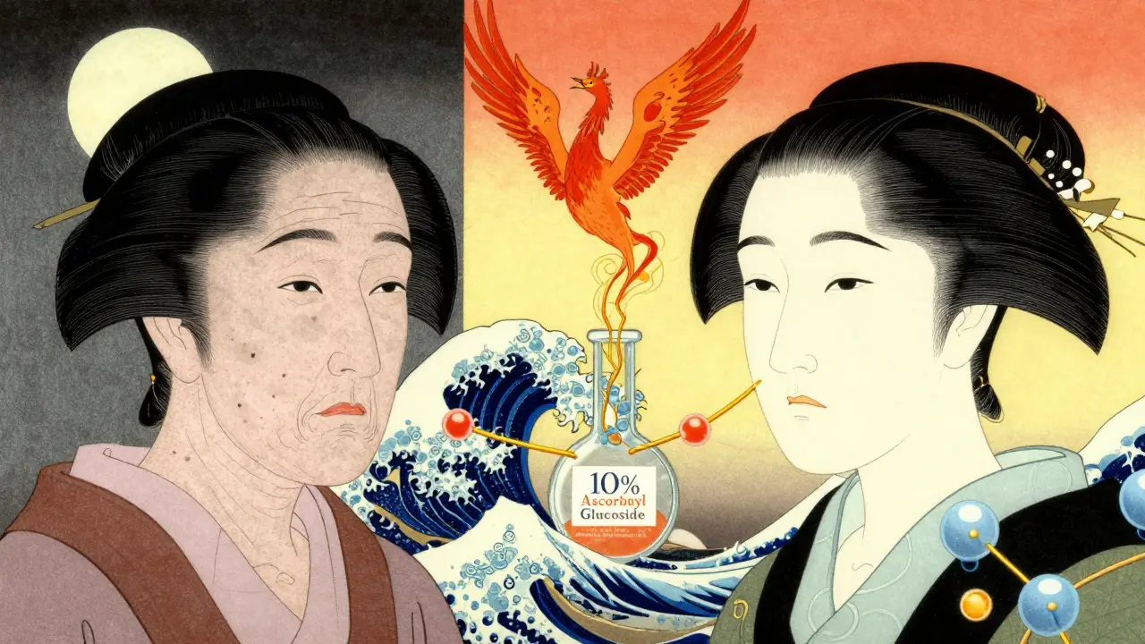 Два лица: старое и омоложенное, соединённые золотыми нитями витамина С в стиле укиё-э.