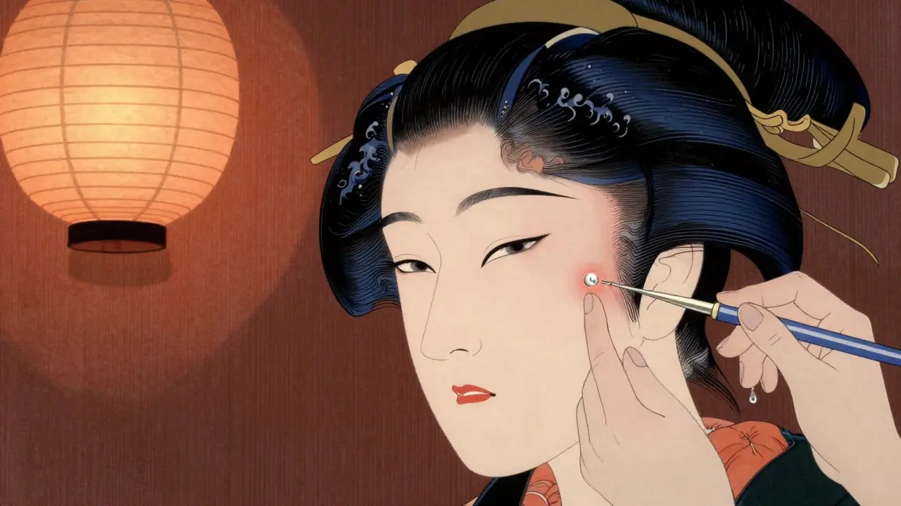 Глубокая папульная мезотерапия на щеке с визуализацией коллагеновых волокон в стиле японской гравюры.