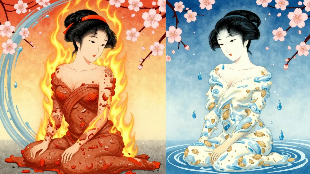 Контраст двух видов обертываний: теплого с красным перцем и холодного с кефиром, в японском стиле.