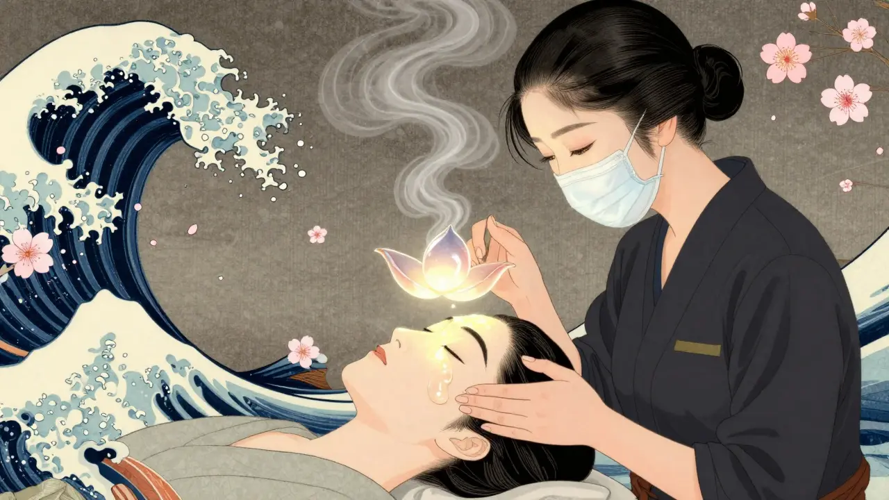 Косметолог проводит чистку лица, над головой клиента — пар и гелевая маска, как лепесток лотоса.