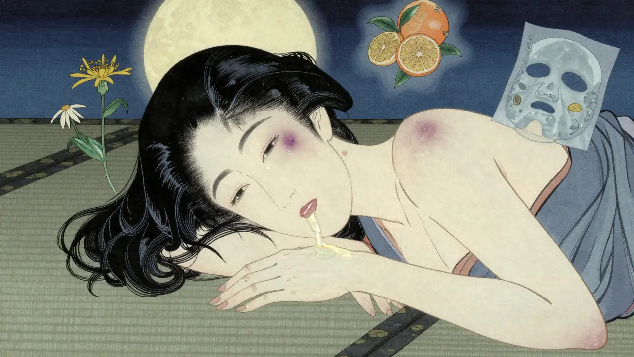 Луна освещает лицо с легкими синяками, над ним парят арника и цитрусовые.