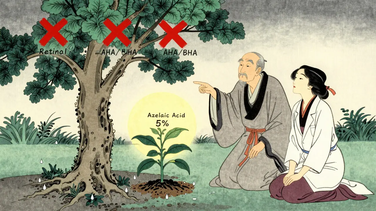 Мудрый наставник указывает на дерево с запрещёнными активами, а внизу растёт безопасная азелаиновая кислота.