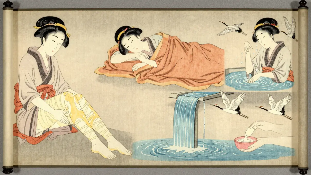 Пошаговый процесс обертывания в виде свитка: нанесение, укутывание, очищение и уход.