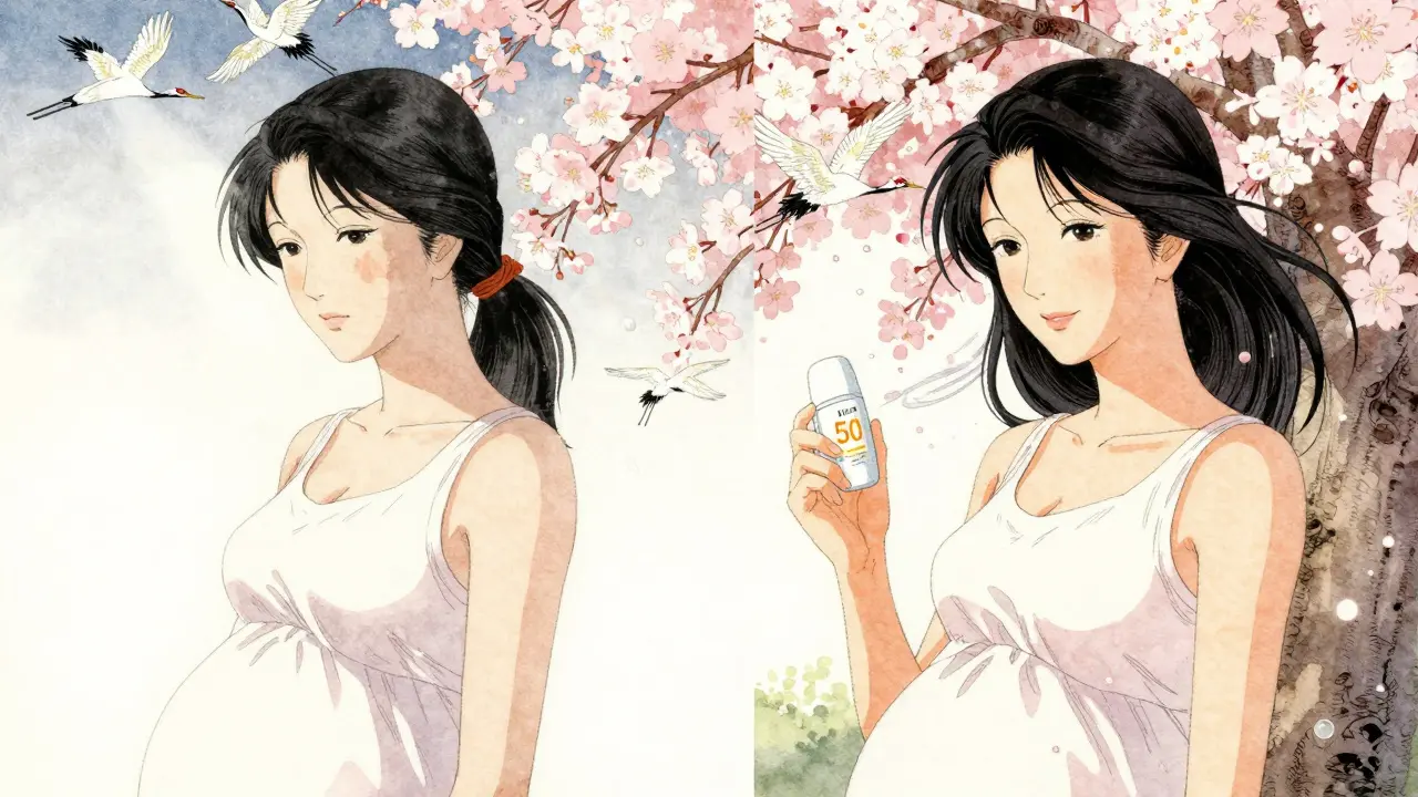 Сравнение до и после пилинга: темные пятна исчезли, кожа сияет под цветами сакуры.