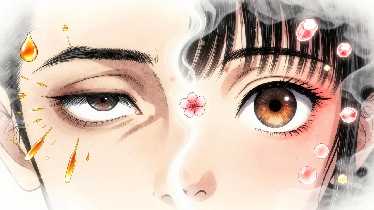 Сравнение поврежденных и здоровых глаз: слева — отеки и раздражение, справа — свежесть и восстановление.