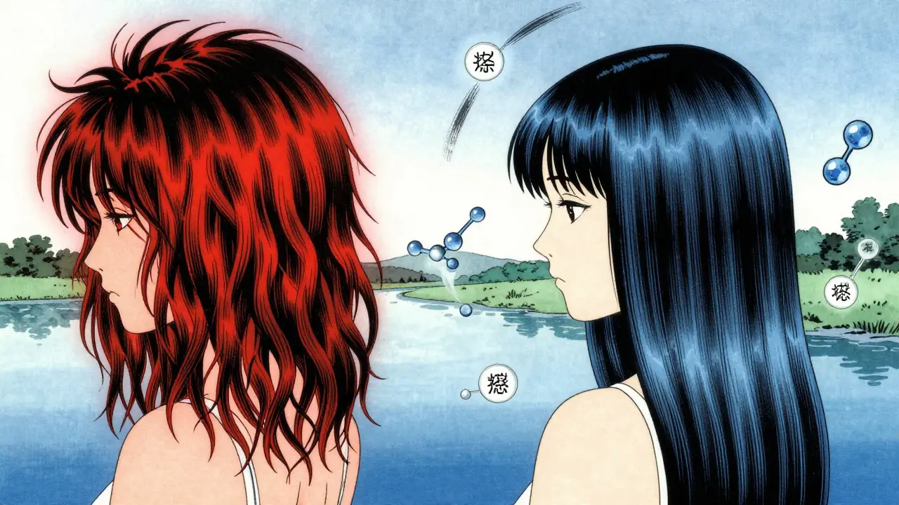 Сравнение поврежденных и здоровых волос с защитной пленкой и молекулами.