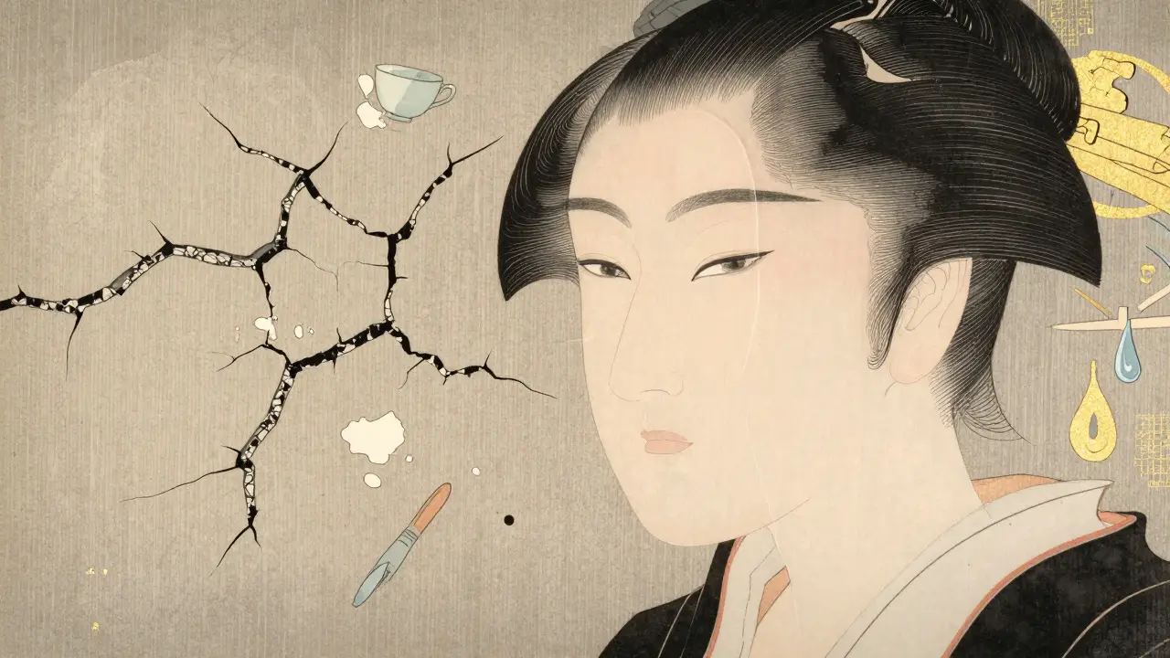 Сравнение: трескающаяся кожа с комочками макияжа слева и гладкая кожа справа, в воздухе — капли воды и кисть.